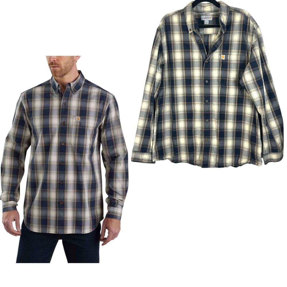 Carhartt Relaxed Fit Plaid Long Sleeve Blue Cream Shirt Men's Size XL